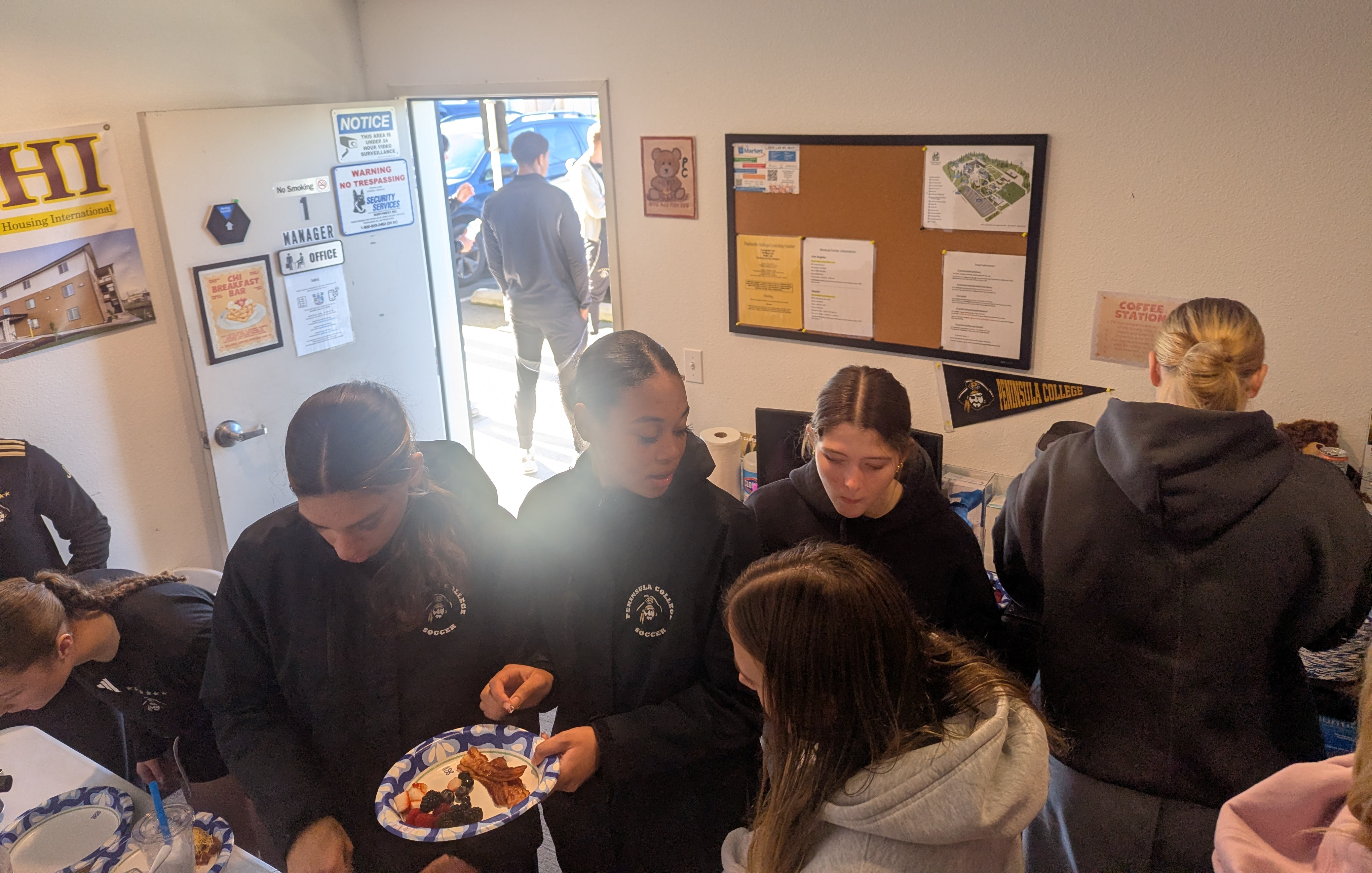 Residents in line to get breakfast.
