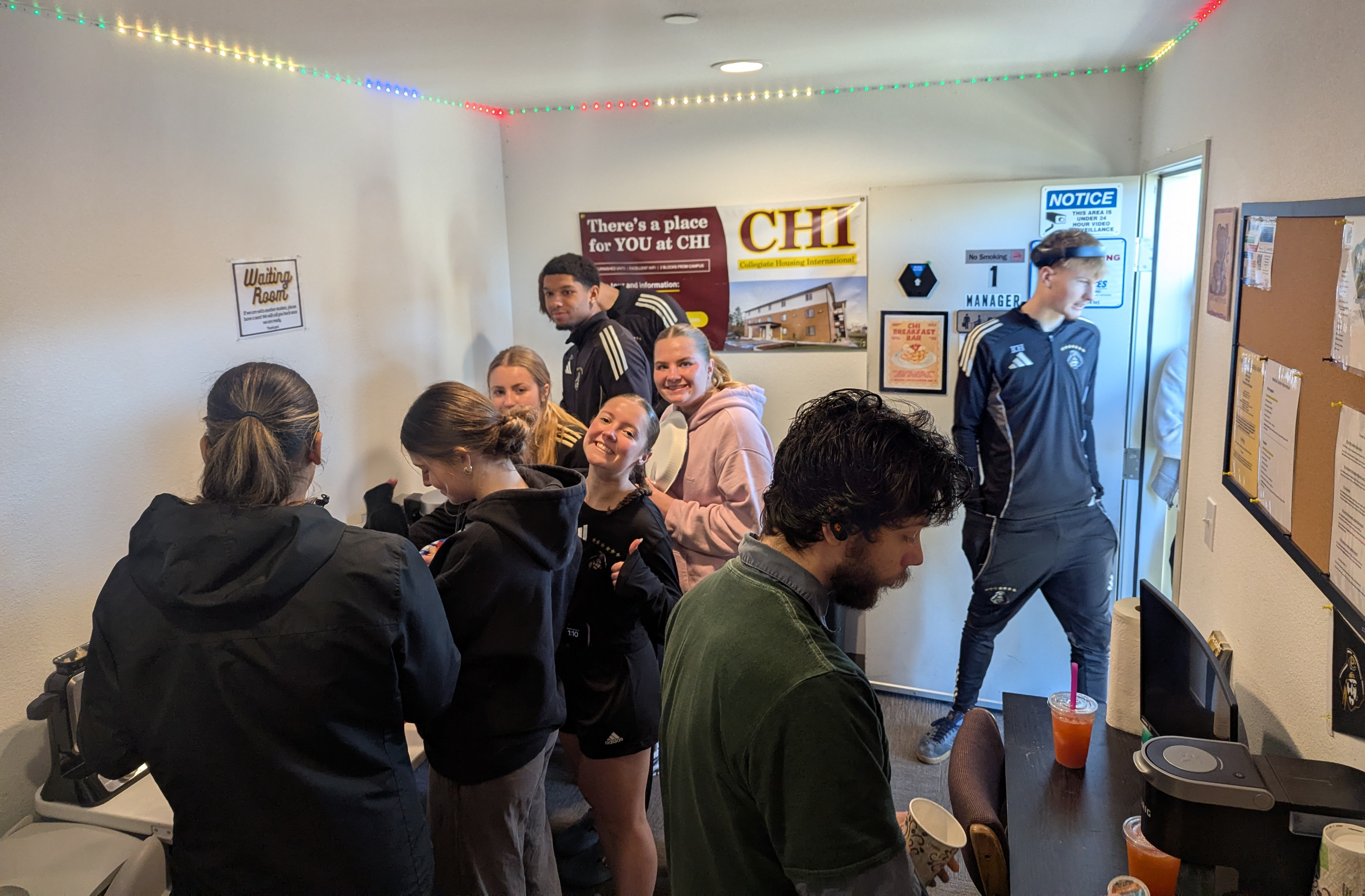 Residents in line to get breakfast.